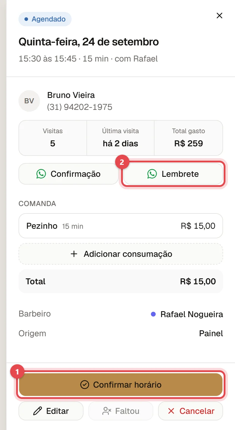 Janela de um agendamento ainda não confirmado, com o botão Confirmar horário e os atalhos de WhatsApp Confirmação e Lembrete.