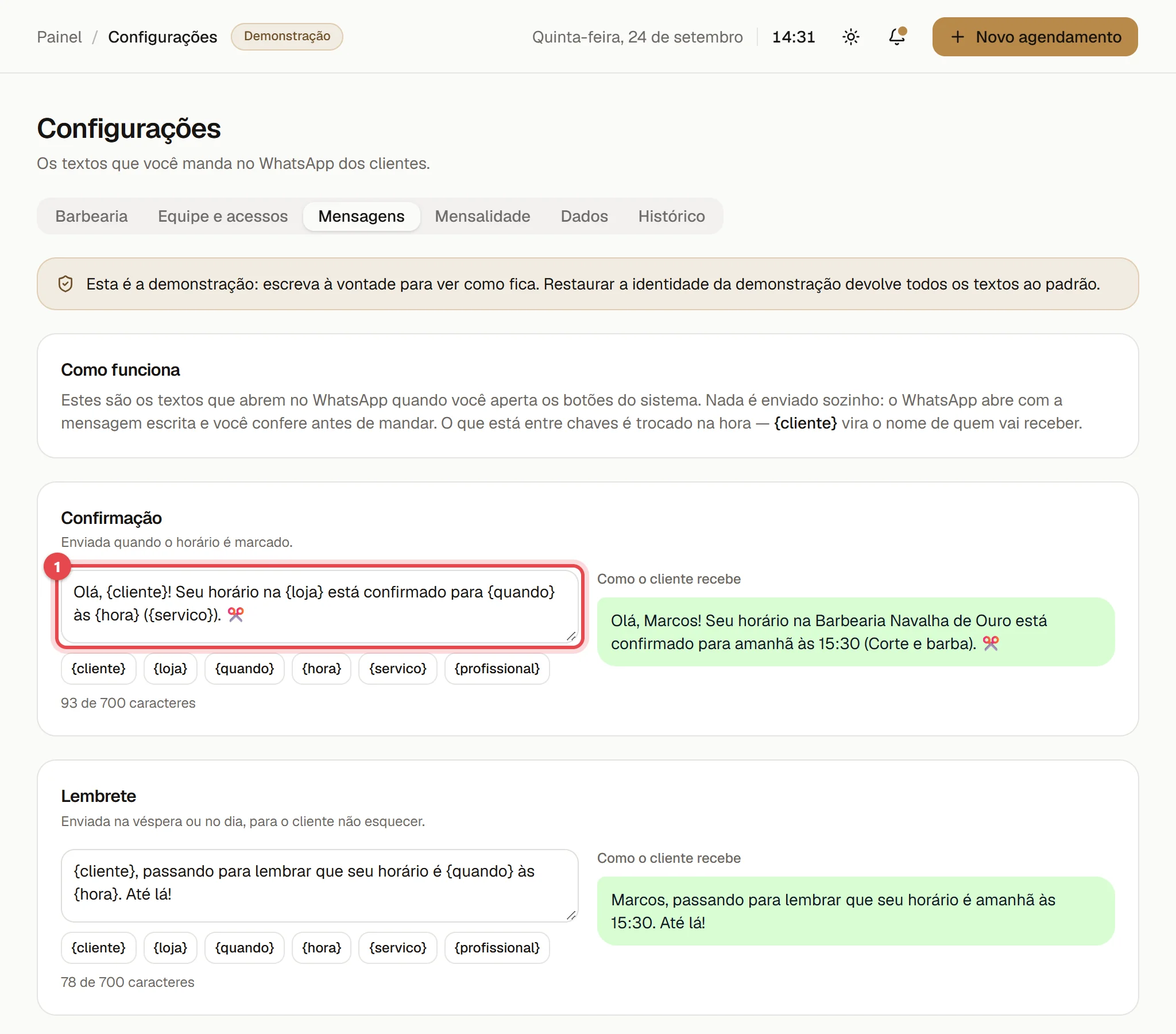Aba Mensagens das Configurações, com o texto editável de cada mensagem do WhatsApp e, ao lado, como o cliente recebe.