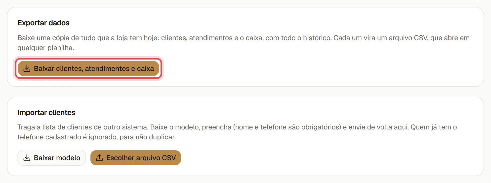 Aba Dados das Configurações, com o bloco Exportar dados e o botão Baixar clientes, atendimentos e caixa destacado.