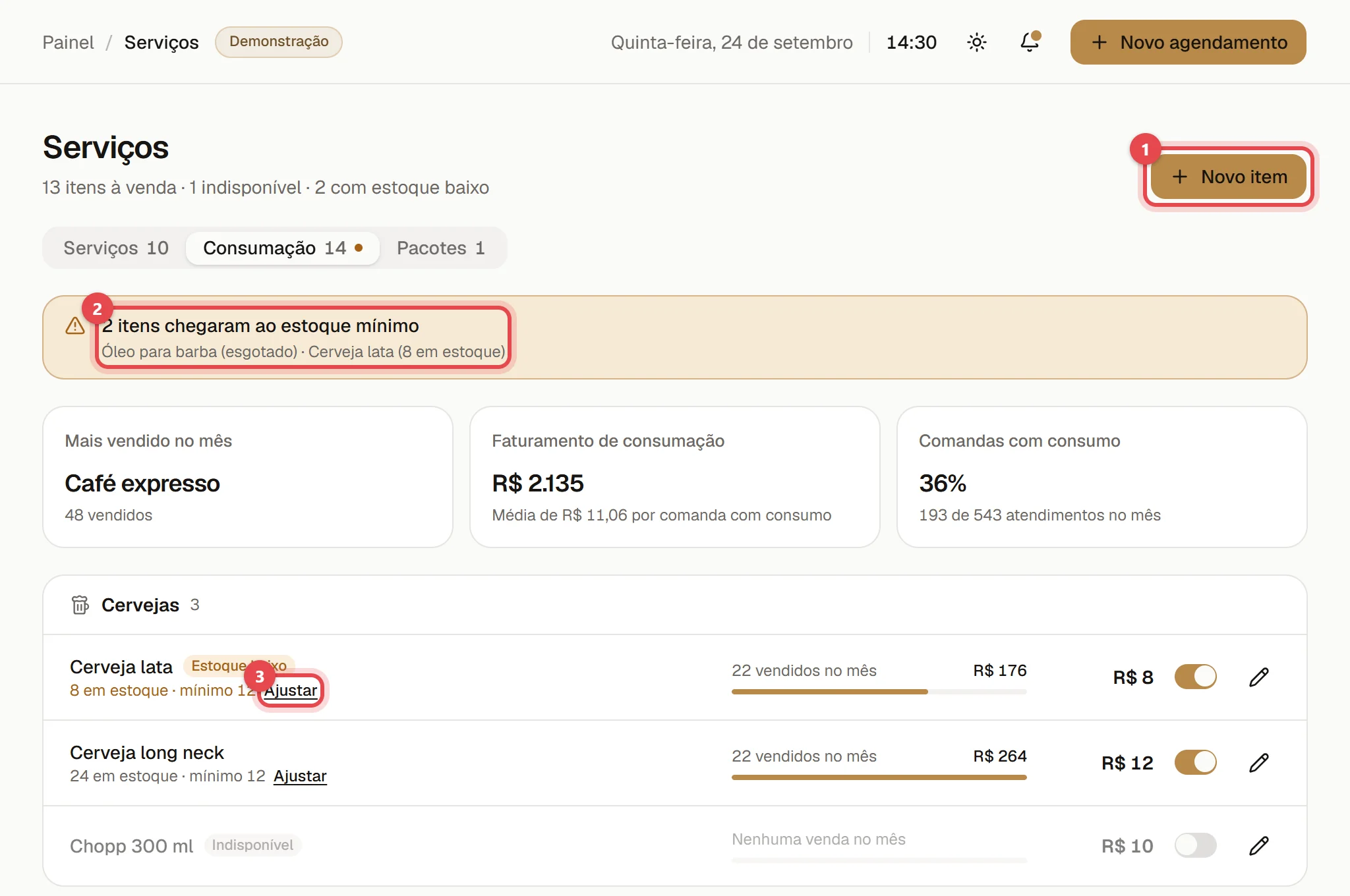 Aba Consumação com o botão Novo item, o aviso de itens no estoque mínimo e a lista de cervejas com o botão Ajustar.