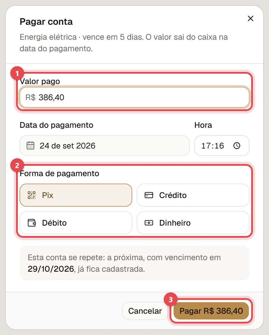Janela Pagar conta, com o valor pago, a data e a hora do pagamento, a forma de pagamento e o botão Pagar.