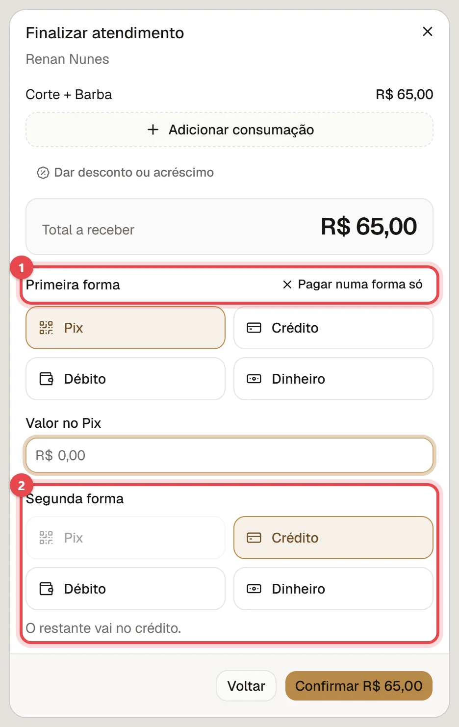 Janela de finalizar dividida em duas formas: a primeira forma com o valor no Pix e a segunda forma, com o restante, no Crédito.