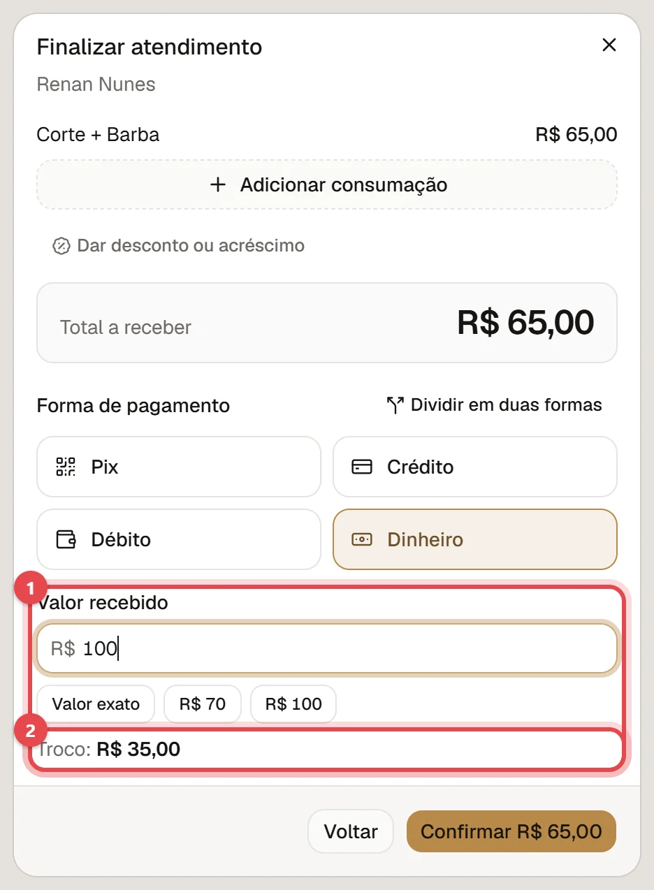 Janela de finalizar com Dinheiro escolhido, o valor recebido de 100 reais preenchido e o troco de 60 reais calculado.