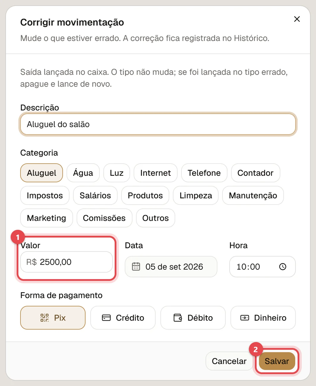 Janela Corrigir movimentação, com a descrição, a categoria, o valor, a data, a hora, a forma de pagamento e o botão Salvar.