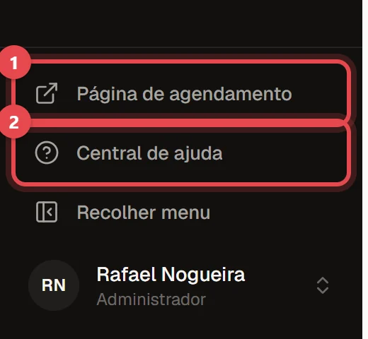 Parte de baixo do menu lateral do painel, com os itens Página de agendamento e Central de ajuda.
