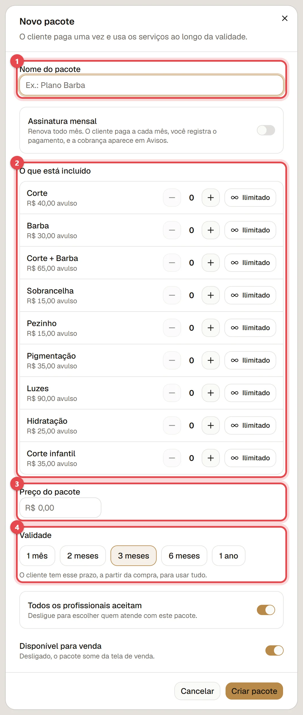 Janela Novo pacote, com o nome, a lista de serviços com quantidades e a opção Ilimitado, o preço do pacote e a validade.